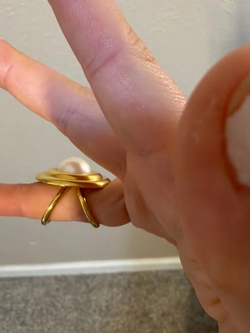 Gold-Tone Pearl Dome Clip-On Ring- White Pearl